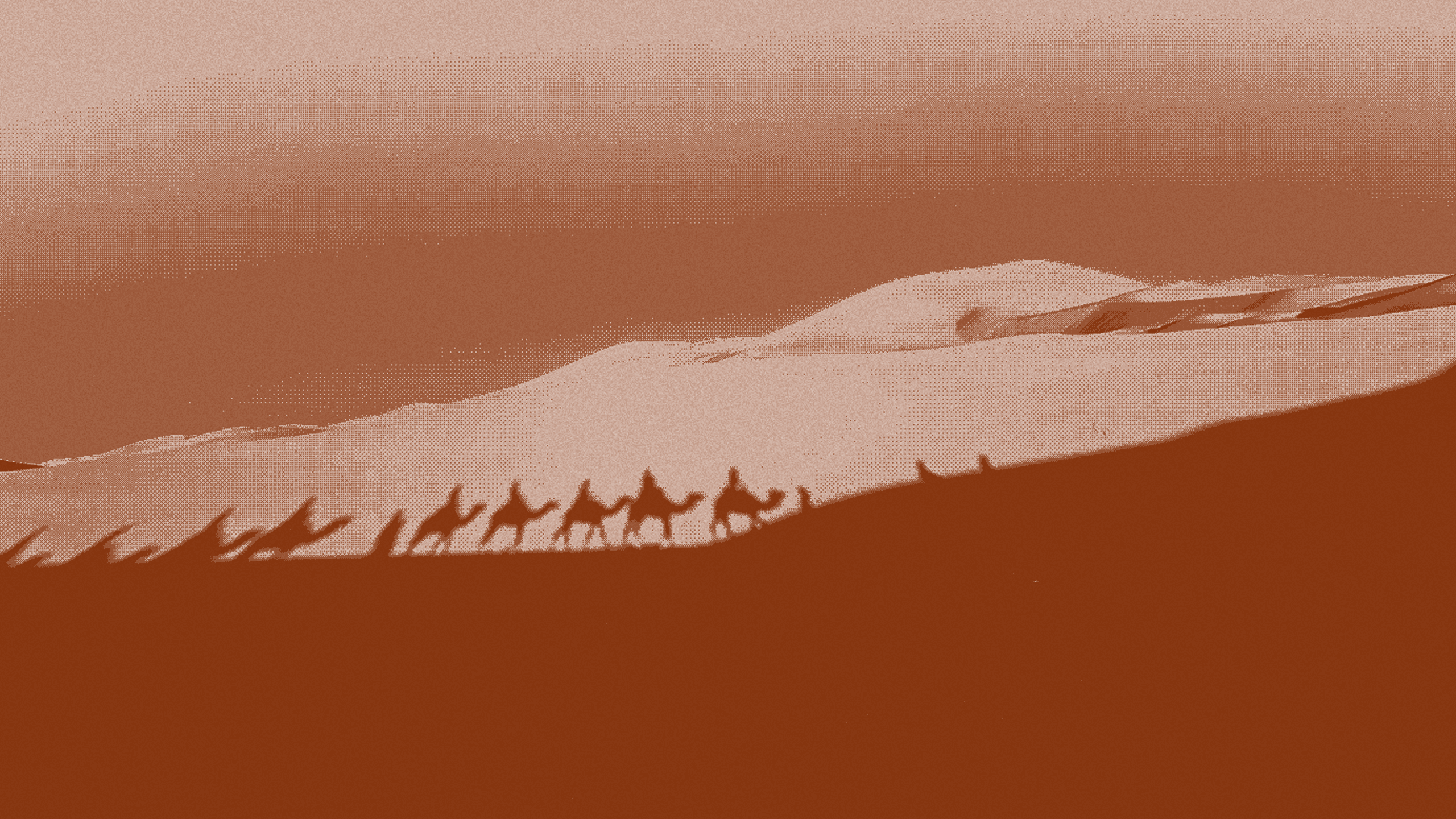 Caravan brand illustration of a camel caravan crossing dunes