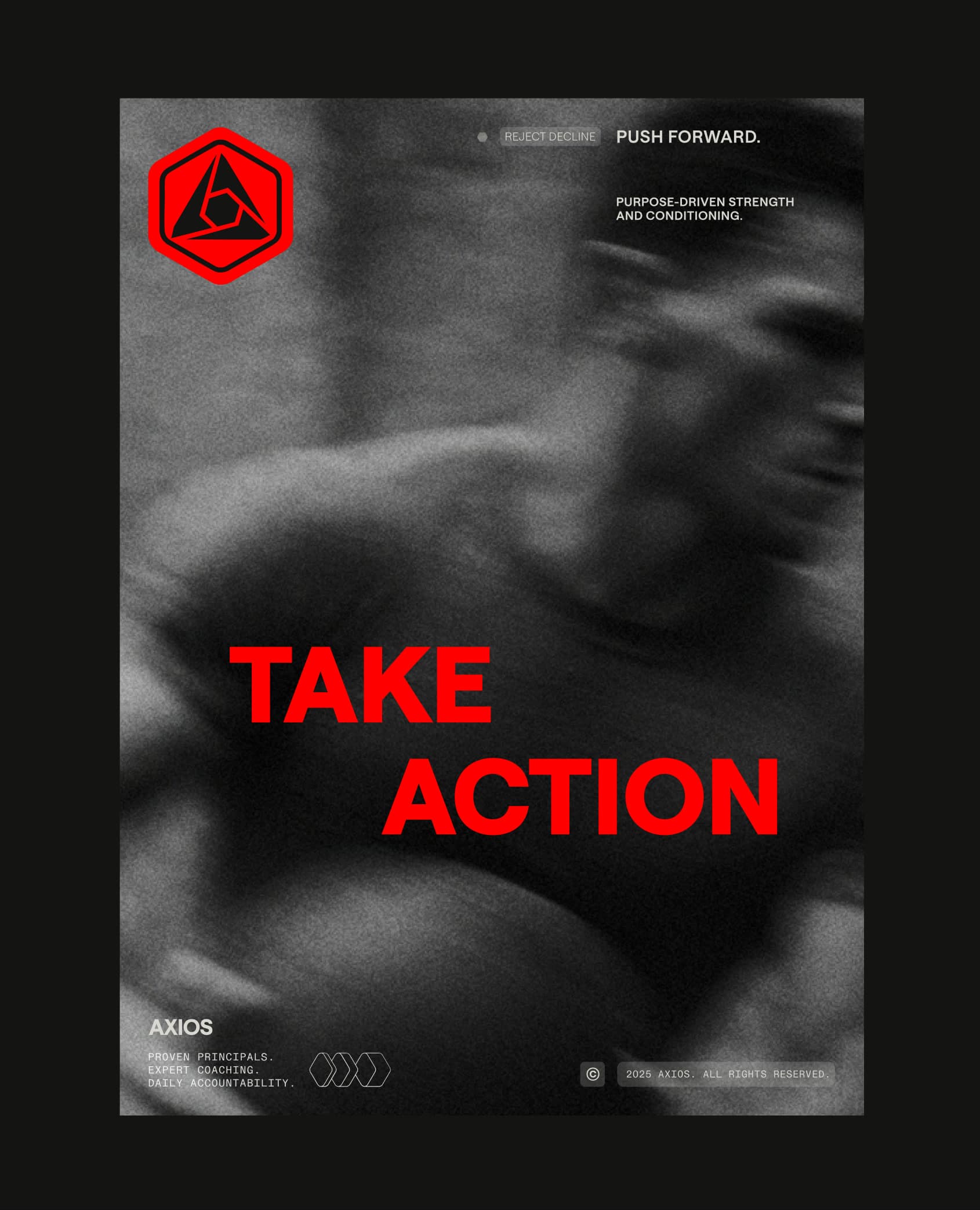 The Axios Take Action poster: the two words in red over a black and white photograph of an athlete mid-movement