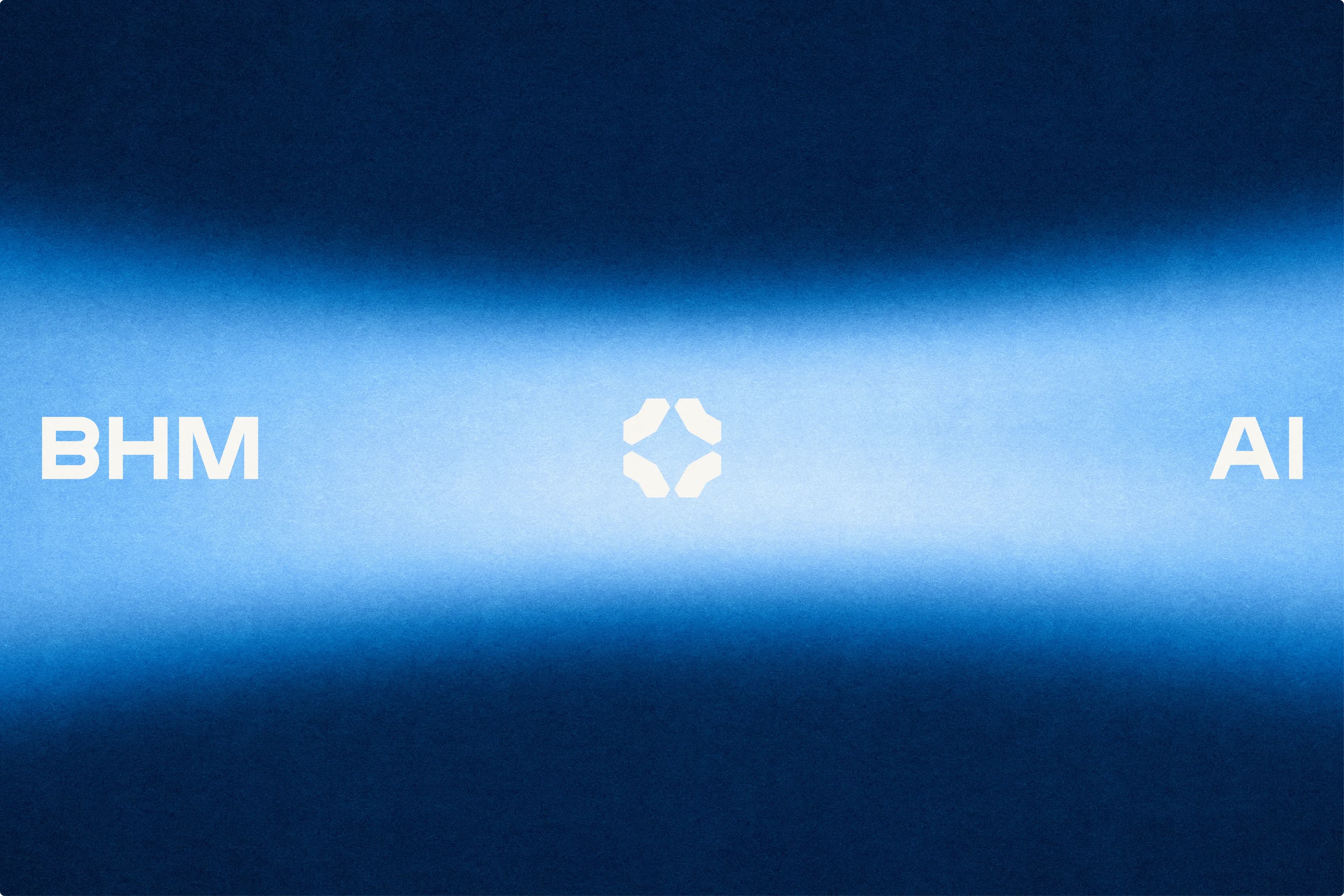 BHM AI wordmark and mark across a band of blue light