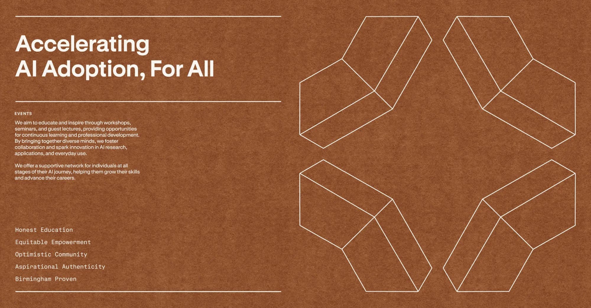 Birmingham AI brand card on brown paper: Accelerating AI Adoption, For All, the events paragraph, the five brand elements and the wireframe mark