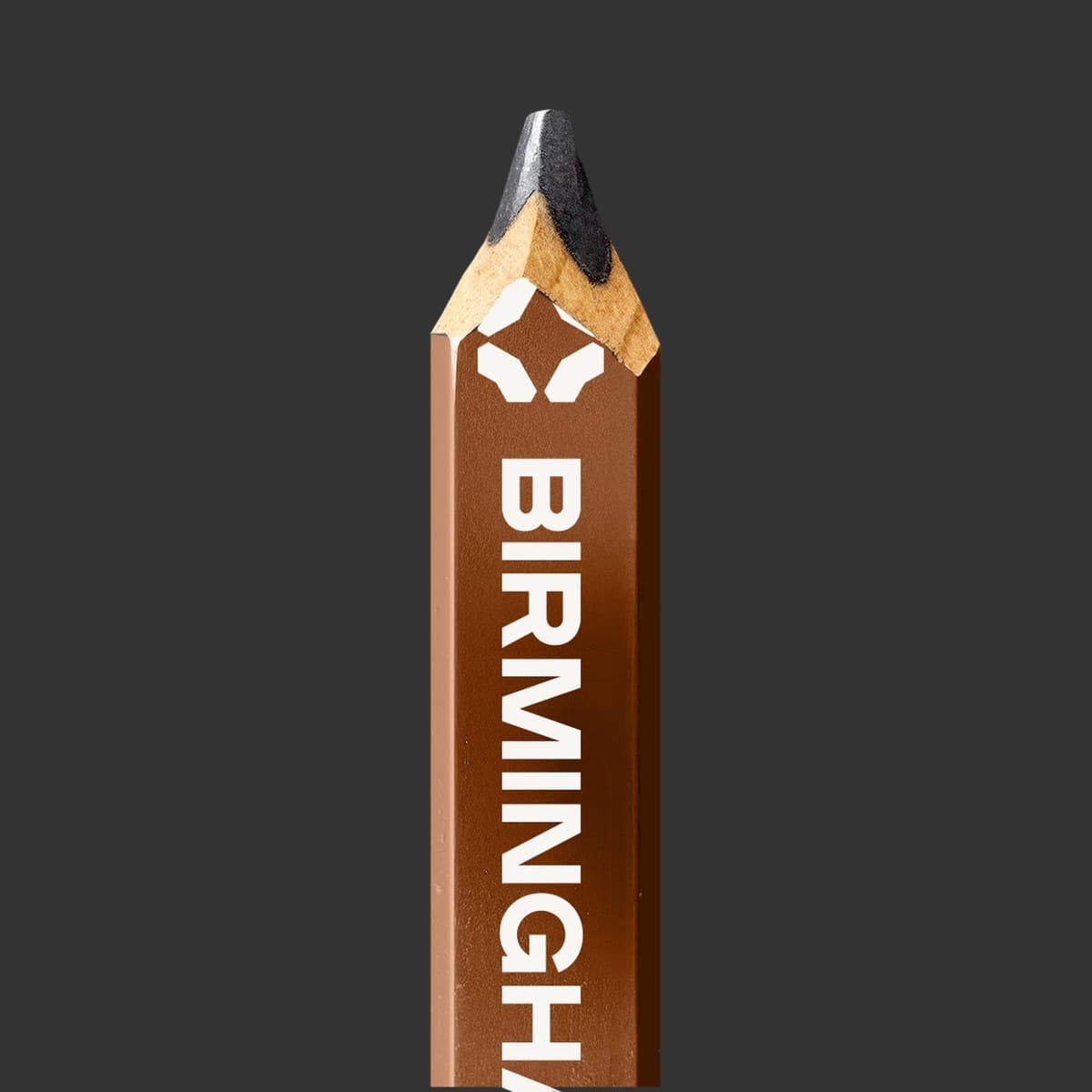 A brown Birmingham AI craft pencil, the mark and BIRMINGHAM printed in cream down the barrel
