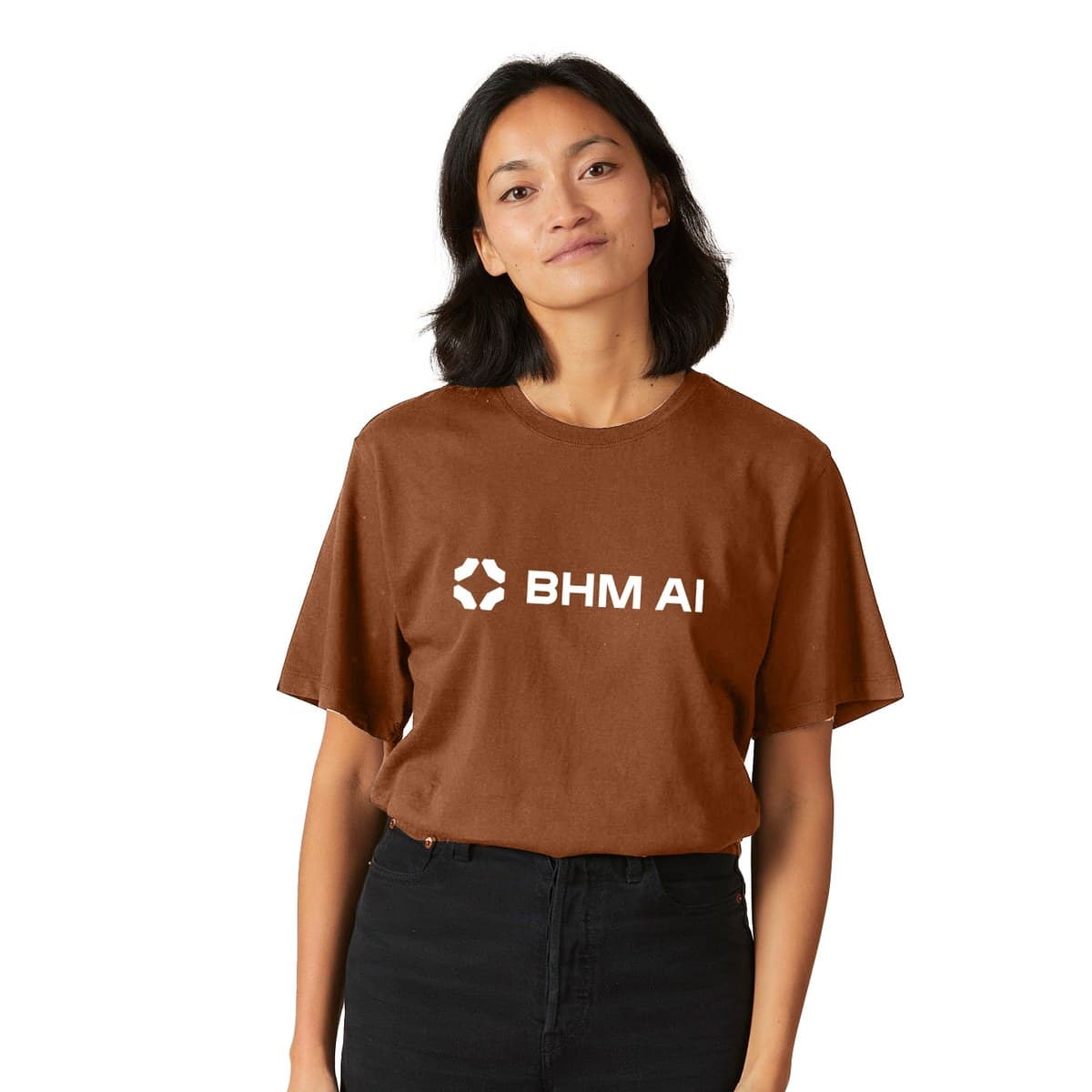 A brown Birmingham AI T-shirt with the BHM AI lockup across the chest in cream