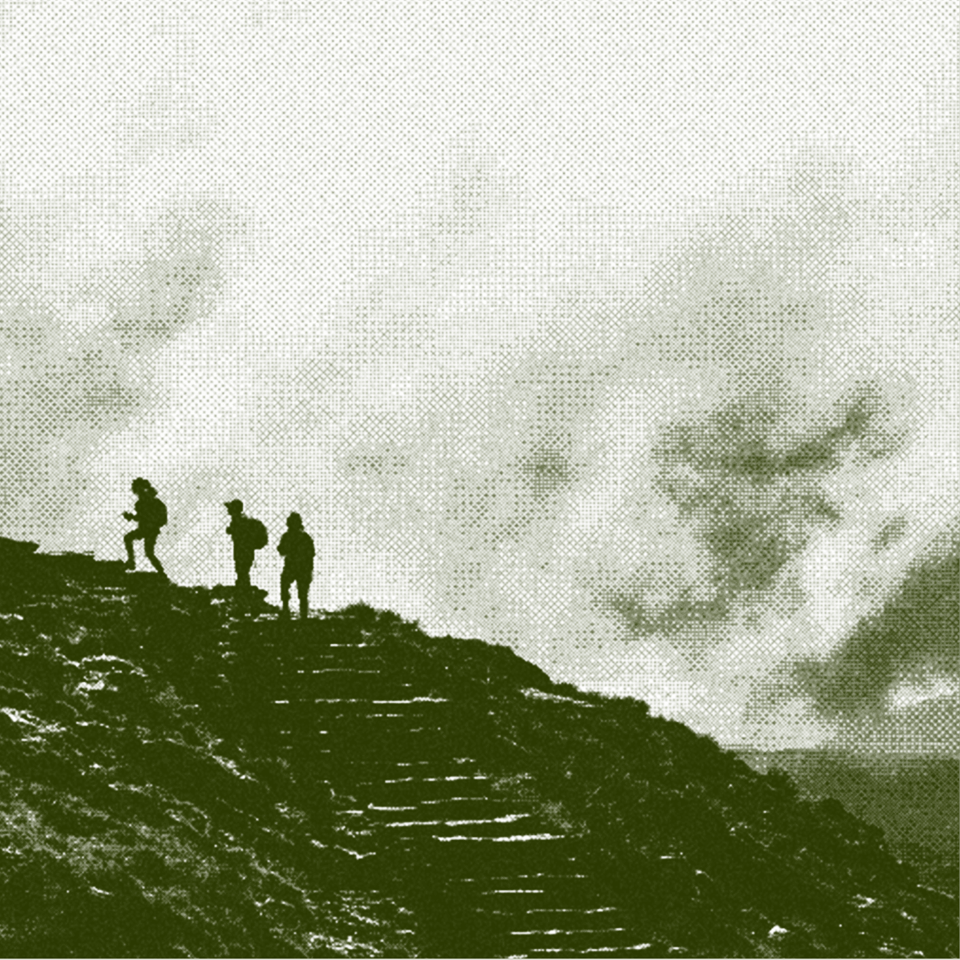 Caravan brand imagery: halftone hikers on a ridge